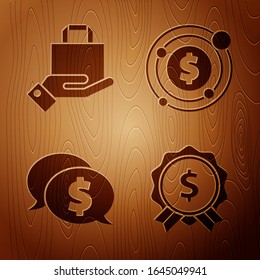 Set Price Tag mit Dollar, Hand und Papier-Einkaufstasche, Speech Blase mit Dollar und Ziel mit Dollar-Symbol auf Holzhintergrund. Vektorillustration