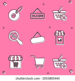 Set Price tag with dollar, Hanging sign Close, Remove shopping basket, Magnifying glass percent, Signboard hanging, Mobile and cart, Market store and Shopping icon. Vector