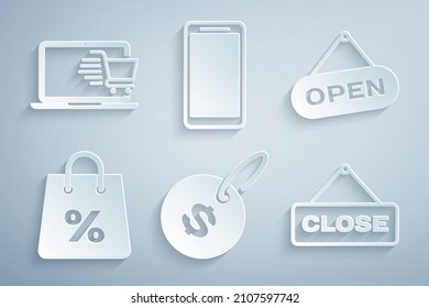 Set Price Tag mit Dollar, Hängezeichen Open Tür, Shopping-Tasche Prozent, Schließen, Smartphone, Handy-und Warenkorb Laptop-Icon. Vektorgrafik