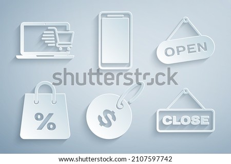 Set Price tag with dollar, Hanging sign Open door, Shopping bag percent, Close, Smartphone, mobile phone and cart laptop icon. Vector