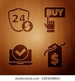 Ponga la etiqueta Precio con el dólar, Escudo con dólar, Laptop y botón Comprar en fondo de madera. Vector