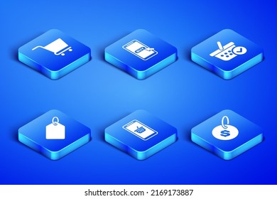 Set Price tag with dollar, Shopping cart, Mobile and shopping basket, Label template price,  and check mark icon. Vector