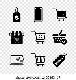 Set Price tag with dollar, Smartphone, mobile phone, Shopping cart cursor, laptop, Free, Market store shopping and Refresh icon. Vector