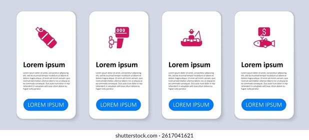 Set Price tag for fish, Fisherman in boat, Outboard motor and Aqualung. Business infographic template. Vector