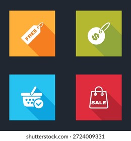 Set Price tag with Free, dollar, Shopping basket check mark and bag Sale icon. Vector