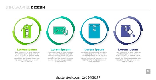 Set Price tag with Free, Envelope with shield, Envelope and Envelope with magnifying glass. Business infographic template. Vector