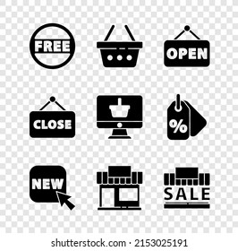 Set Price tag with Free, Shopping basket, Hanging sign Open, Button text New, building or market store, and sale, Closed and Monitor shopping icon. Vector