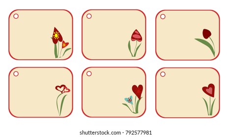 Set of price tag, gift labels for present, flower bouquets. Empty card for your product. Vector collection of design elements and badges. Horizontal location.