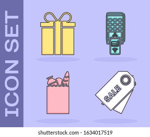 Set Price tag with an inscription Sale, Gift box, Paper shopping bag and food and POS terminal with printed reciept and confirms the payment by smartphone icon. Vector