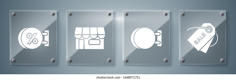 Set Price tag with an inscription Sale, Signboard hanging, Shopping building or market store and Signboard hanging with an inscription discount percent. Square glass panels. Vector