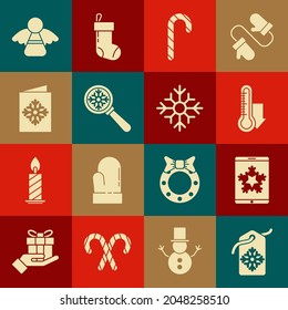 Set Price tag with an inscription Sale, Christmas smartphone and snowflake, Meteorology thermometer measuring, candy cane stripes, Magnifying glass, postcard, angel and Snowflake icon. Vector