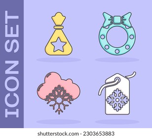 Set Price tag with an inscription Sale, Santa Claus bag gift, Cloud with snow and Christmas wreath icon. Vector