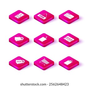 Set Price tag with an inscription Sale, Shopping cart, Blank label template price, Paper shopping bag, building or market store, Credit card and Hanging sign text Open door icon. Vector