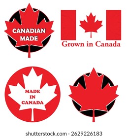 Conjunto de etiqueta de preço ou emblema de etiqueta com frases, Made in Canada, Canadian Made, Grown in Canada. Produção e fabrico canadianos em solo canadiano. Modelo de carimbo, em inglês. Vetor.