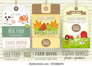 Set of Price Tag Label for Farm Product. Fresh Healthy Organic Food. Vector Illustration.