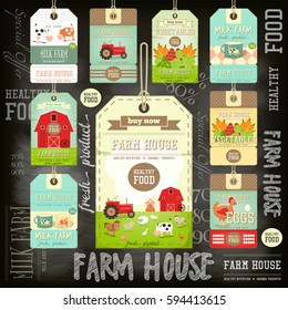 Set of Price Tag Label for Farm Product on Blackboard. Fresh Healthy Organic Food. Vector Illustration