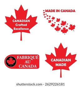 Conjunto de etiqueta de preço com frases, Tradução feita no Canadá de francês, Canadian Made, Canadian Crafted Excellence. Adesivo de produto canadense para negócios comerciais. Símbolo de selo ou crachá. 