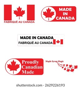 Conjunto de etiqueta de preço com frases, Made in Canada tradução do francês, Proudly Canadian Made, Maple Syrup Magic. Adesivo de produto canadense para negócios comerciais. Símbolo de selo ou crachá. 