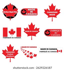 Conjunto de etiquetas de preço para o produto. Frases, Made in Canada tradução do francês, canadense feito, Northern Maple Pride, Canadian Crafted Excellence. Vetor.