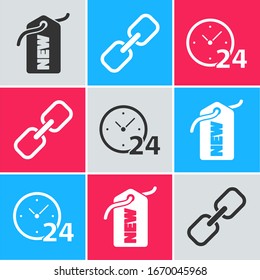 Set Price tag with New, Chain link and Clock 24 hours icon. Vector