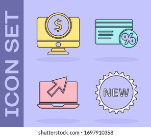Setzen Sie Preis-Tag mit New, Computer-Monitor mit Dollar, Laptop und Cursor und Discount-Karte mit Prozent Symbol. Vektorillustration