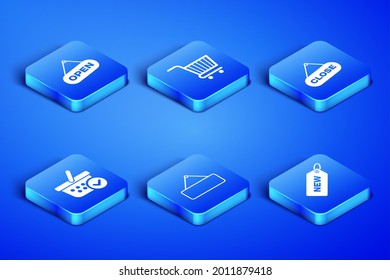 Set Price tag with New, Hanging sign Open door, Signboard hanging, Shopping basket check mark, cart and Close icon. Vector