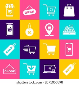 Set Price tag with New, Mobile and shopping cart, Cash register machine, Refresh, Discount percent, basket,  and Location icon. Vector