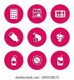 Set Price tag for pear, Discount percent, Soda can, Grape fruit, Sauce bottle, Salami sausage, Barcode and Calculator icon. Vector