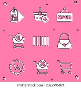 Set Price tag with Sale, Add to Shopping basket, Hanging sign Open, cart and euro, Barcode, Handbag, Discount percent and Remove shopping icon. Vector