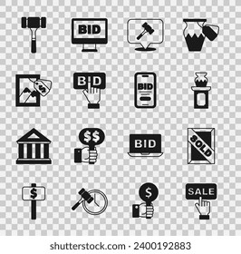 Set Price tag with Sale, Auction painting sold, ancient vase, hammer, Bid,  and Online auction icon. Vector