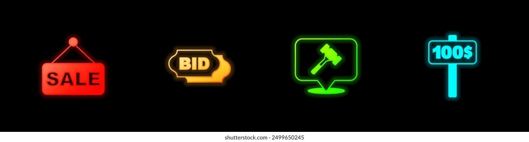 Set Price tag with Sale, Bid, Auction hammer and Hand holding auction paddle icon. Vector