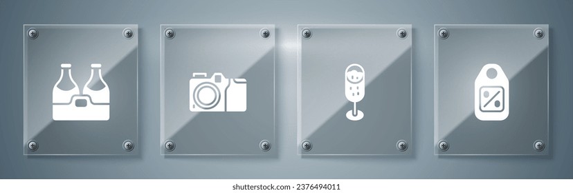 Set Price tag with Sale, Glass of champagne, Photo camera and Champagne bottle. Square glass panels. Vector