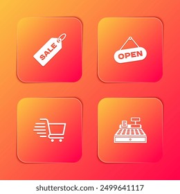 Set Price tag with Sale, Hanging sign Open door, Shopping cart and Cash register machine icon. Vector