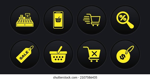Set Price tag with Sale, Magnifying glass percent, Shopping basket, Remove shopping cart, Mobile and, dollar and Cash register machine icon. Vector