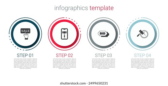 Set Price tag with Sale, Online auction, Bid and Auction hammer. Business infographic template. Vector