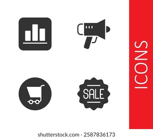 Set Price tag with Sale, Pie chart infographic, Shopping cart and Megaphone icon. Vector
