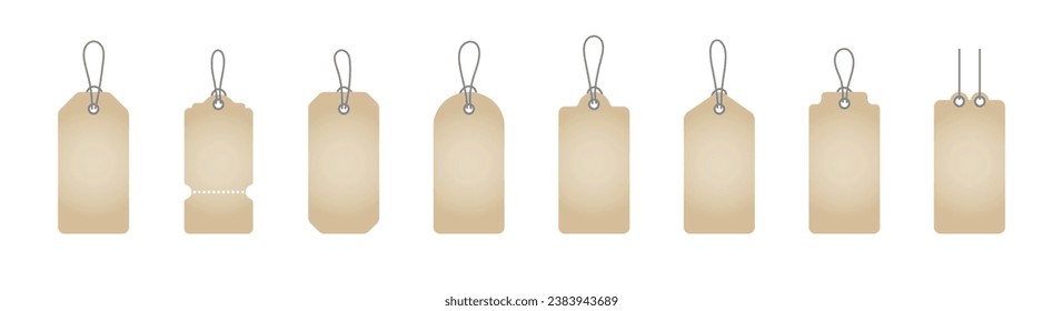 Set of price tag templates on a string, labels for goods. Collection of tags for store, shopping. Empty label blanks, banners, coupons, badges for business, retail, commerce. Vector flat illustration