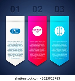 Set Price tag with text Free, Consumer or customer product rating and Worldwide. Business infographic template. Vector