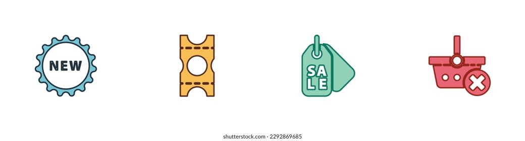 Establezca la etiqueta Precio con el texto Nuevo, Cupón, Venta y Eliminar icono de la cesta de compras. Vector