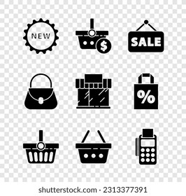 Set Price tag with text New, Shopping basket and dollar, Hanging sign Sale, POS terminal credit card, Handbag and building or market store icon. Vector