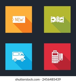 Set Price tag with text New, Crumpled paper money cash, Delivery cargo truck vehicle and POS terminal credit card icon. Vector