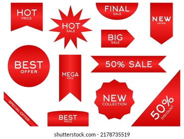 Set of Price tags. Discount red ribbons. Sale and shopping tags. Vector collection