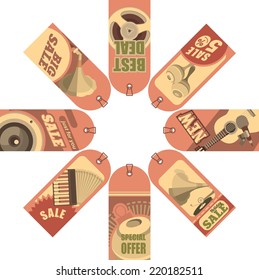 set of price tags with discounts for a music store or shop in a retro style