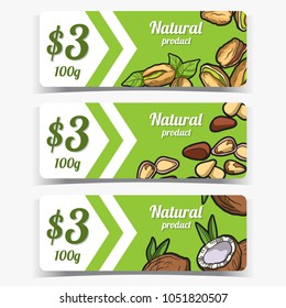 Set of price tags with fresh nuts. Pistachio, pine nut and coconut. Vector illustration
