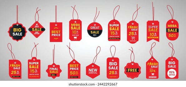 Set price tags or gift tags in different shapes.Set of labels with cord.Red discount label