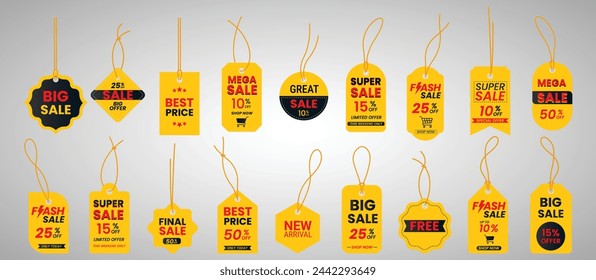 Setzen Sie Preis-Tags oder Geschenk-Tags in verschiedenen Formen.Set von Etiketten mit Schnur.Gelbe Rabatt-Label