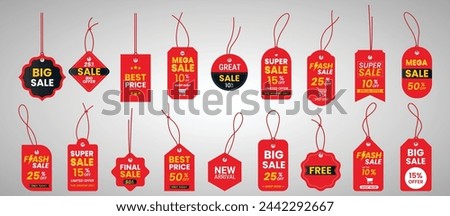 Set price tags or gift tags in different shapes.Set of labels with cord.Red discount label
