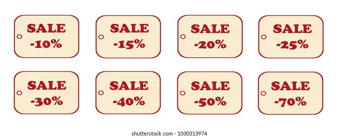 Set of price tags, labels. Design elements of promotion. Promotional offers, sale. Suitable for discount cards, advertisement flyer, coupon, sale sticker. Vector with numbers and percent symbol.