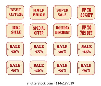 Set of price tags, labels. Vector illustration of design elements of promotion. Promotional offers, seasonal and holiday sale. Suitable for discount cards, advertisement flyer, coupon, sale sticker.