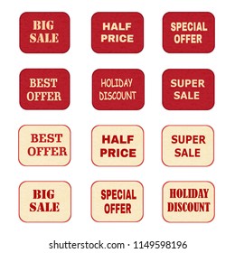 Set of price tags, labels. Vector illustration of design elements of promotion. Promotional offers, seasonal and holiday sale. Suitable for discount cards, advertisement flyer, coupon, sale sticker.